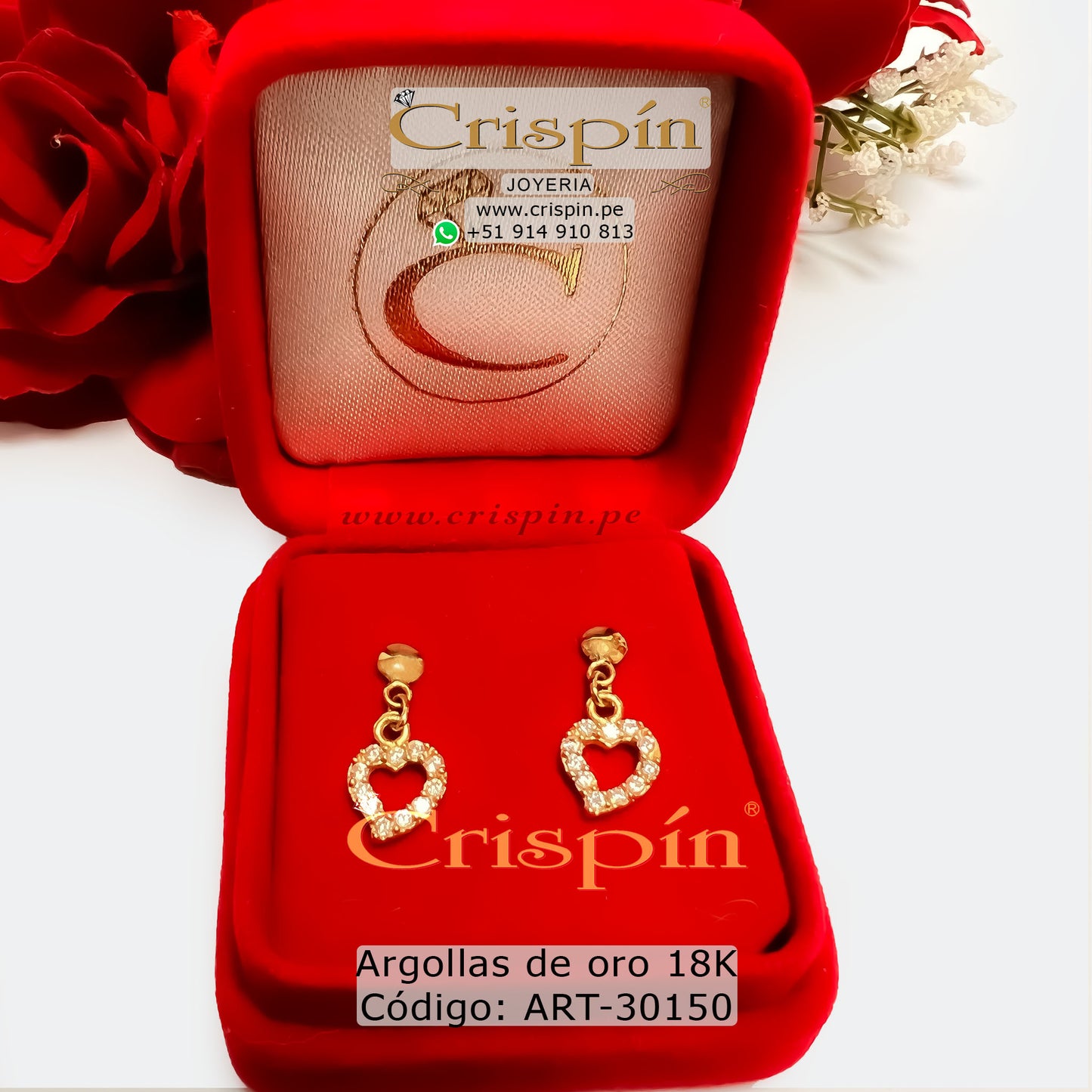 Aretes de oro 18K modelo corazón con circones. Código: ART-30150